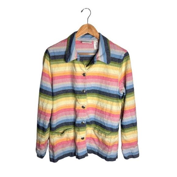 Alfred Dunner Linen Cotton Jacket Button Up Rainbow Pastel Size 14 Silver Button - Picture 1 of 7